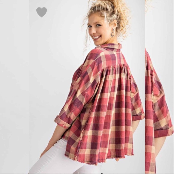 Plaid Button Down Oversize Shirt Top- Faded Rust - Picture 4 of 4